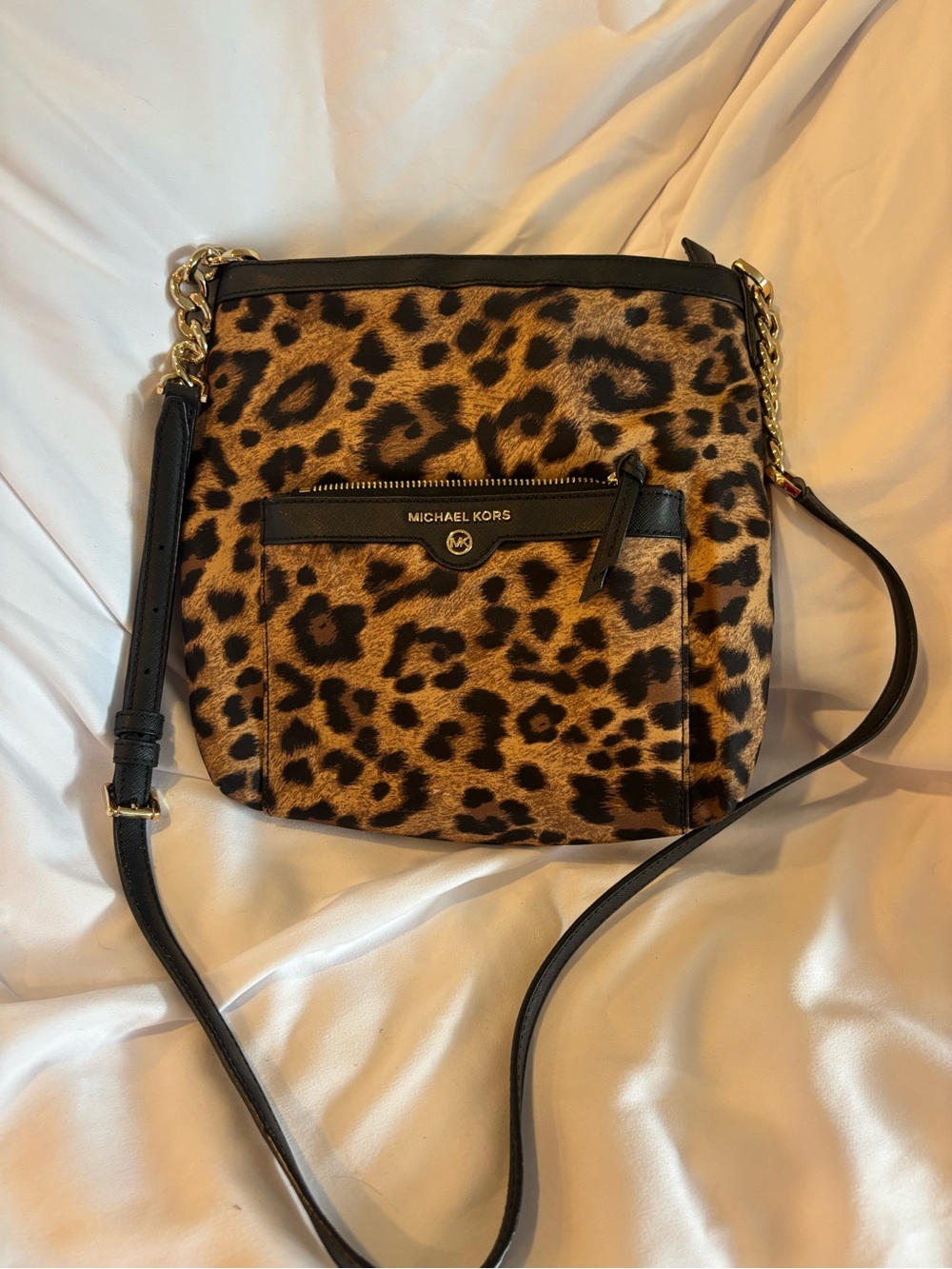 Michael Kors Leopard-Print Crossbody in Brown and Black with Gold Chain